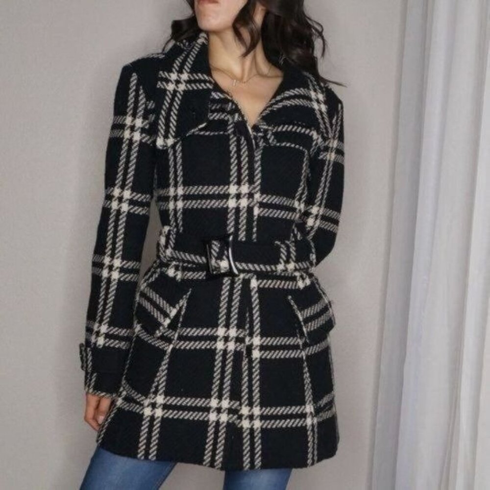 Dereon Black & White Plaid Plaid Coat Size S